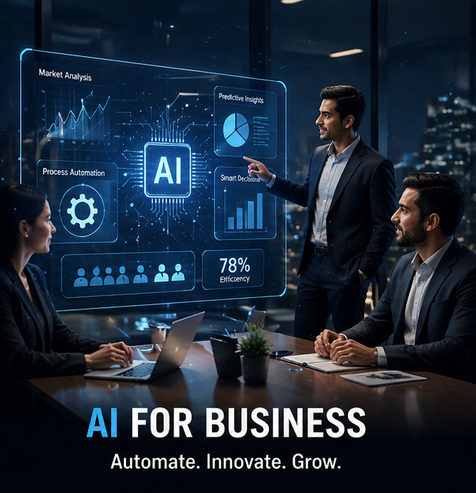 Business professionals using AI technology for automation, analytics, and smart decision-making