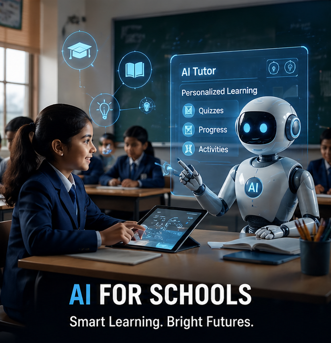 AI tutor robot helping students learn in a smart classroom environment