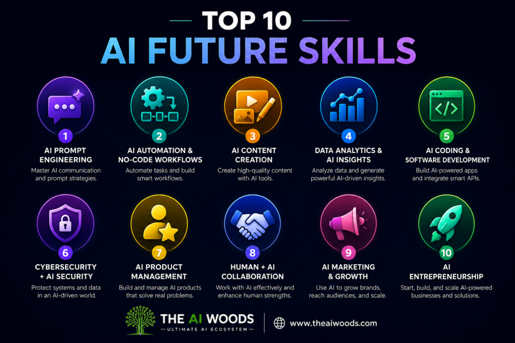 Top 10 AI future skills infographic by The AI Woods featuring prompt engineering, automation, AI coding, cybersecurity, AI marketing, and entrepreneurship.