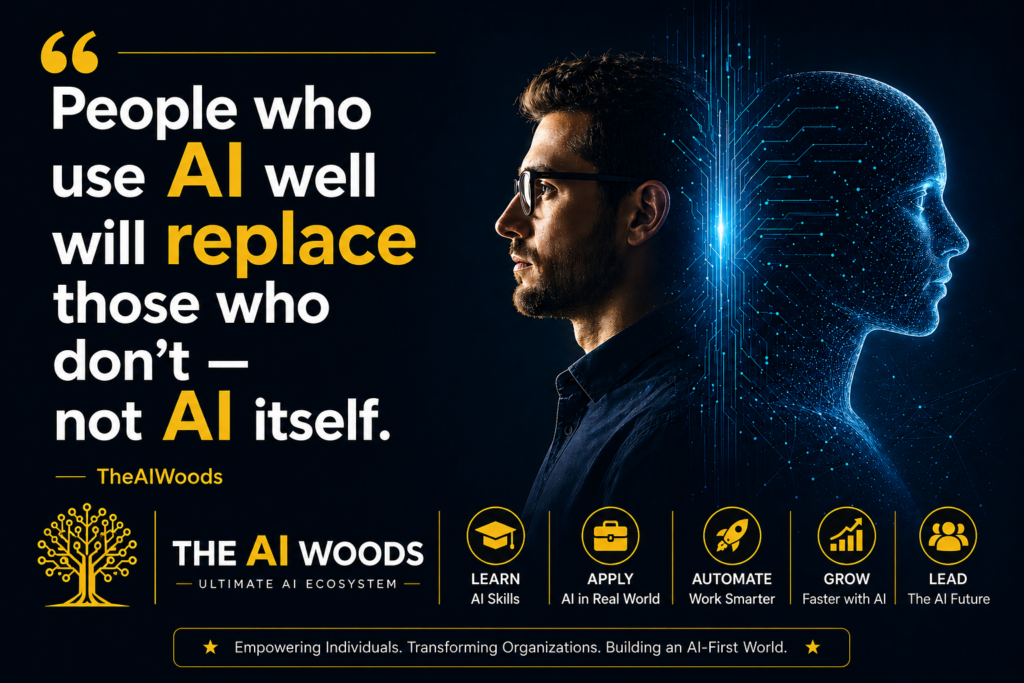 AI motivational quote banner by The AI Woods about people who use AI replacing those who do not