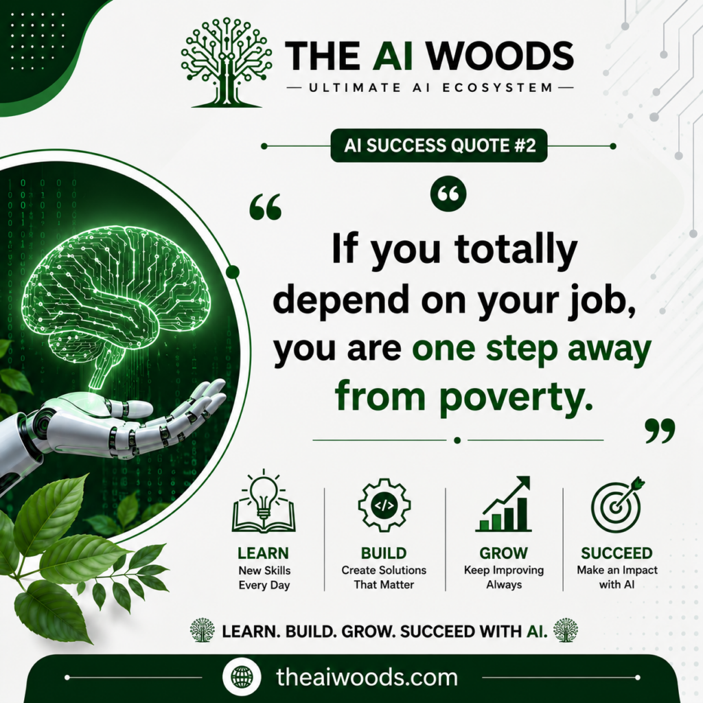 AI motivational quote poster by The AI Woods saying “If you totally depend on your job, you are one step away from poverty” with futuristic AI brain and robotic hand design