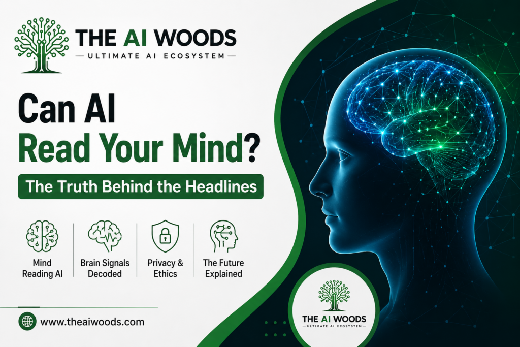 AI mind reading concept showing a digital human brain and neural network technology explaining the truth behind AI thought decoding and brain-computer interfaces.