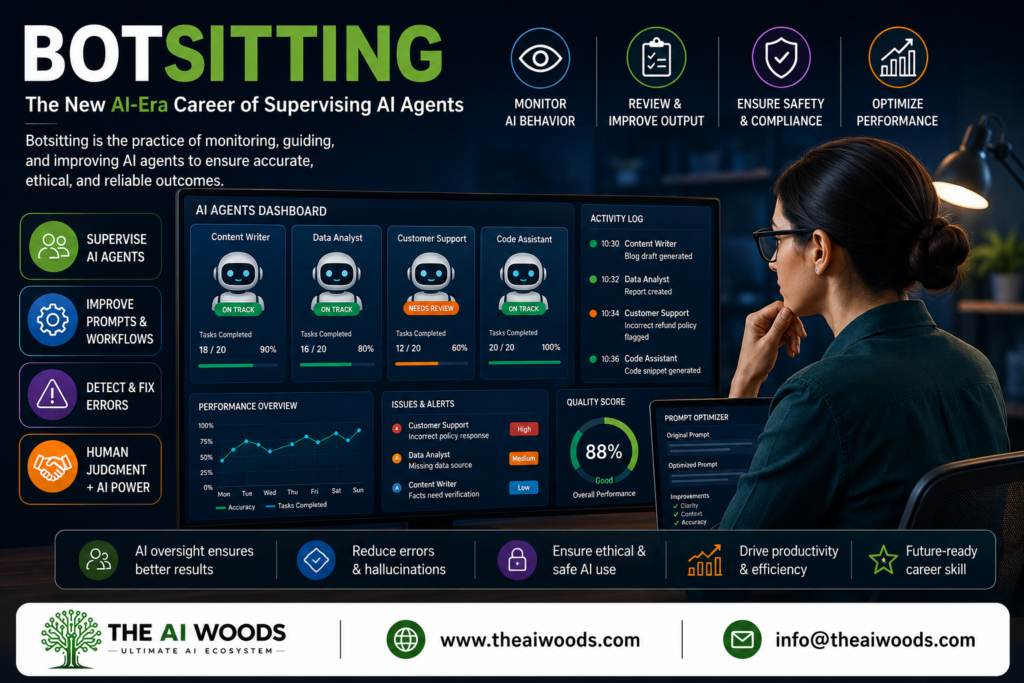 Professional monitoring AI agents through an intelligent dashboard, illustrating the emerging Botsitting career with The AI Woods branding.