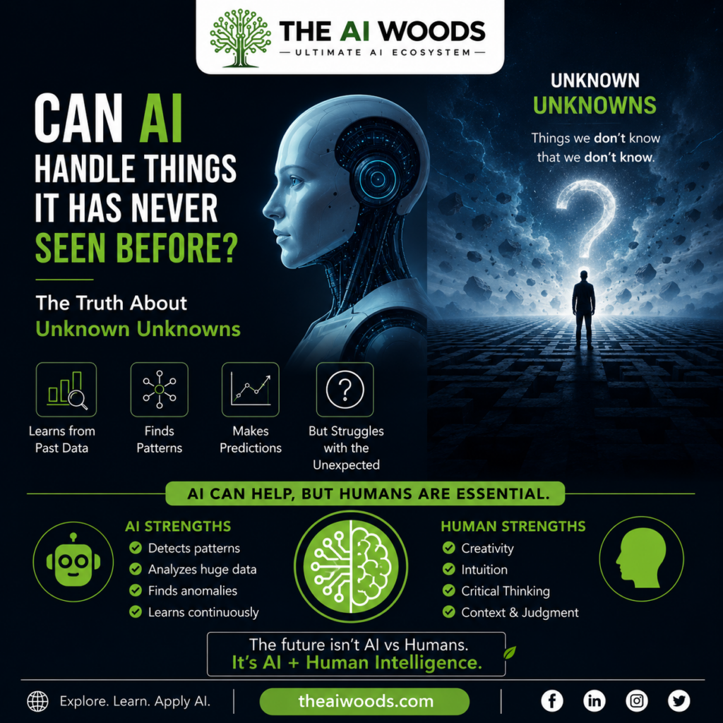 Instagram infographic explaining whether AI can handle situations it has never seen before, exploring unknown unknowns, AI limitations, human intelligence, and the future of AI-human collaboration