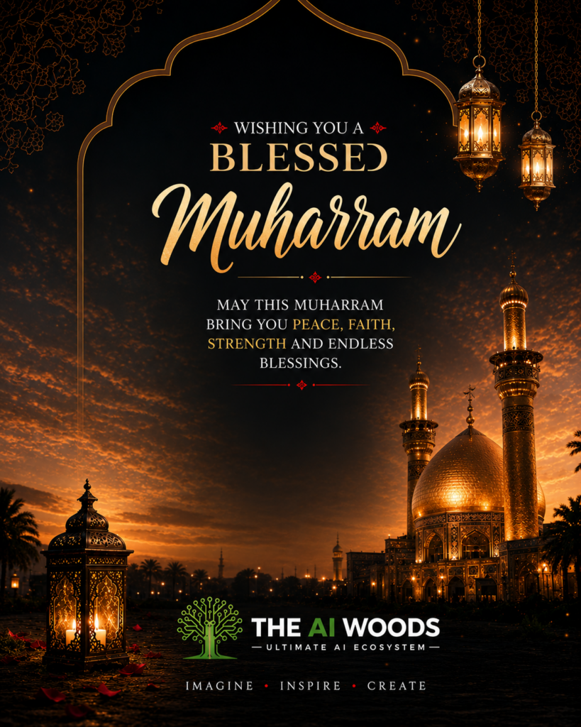 Happy Muharram 2026 wishes with Islamic crescent moon, mosque silhouette, and peaceful greeting from The AI Woods.