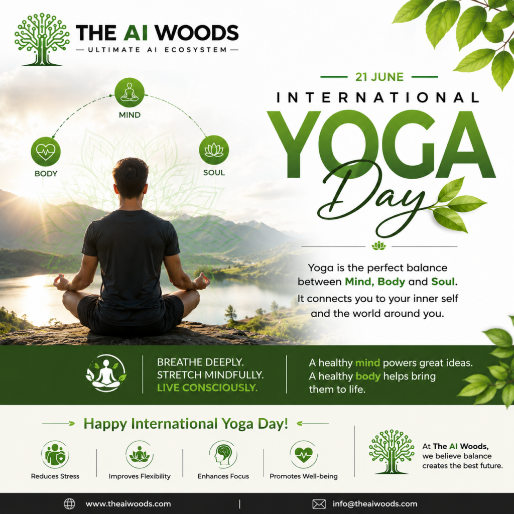 International Yoga Day 2026 poster by The AI Woods featuring a man meditating outdoors, promoting mindfulness, wellness, and balance between mind, body, and soul.