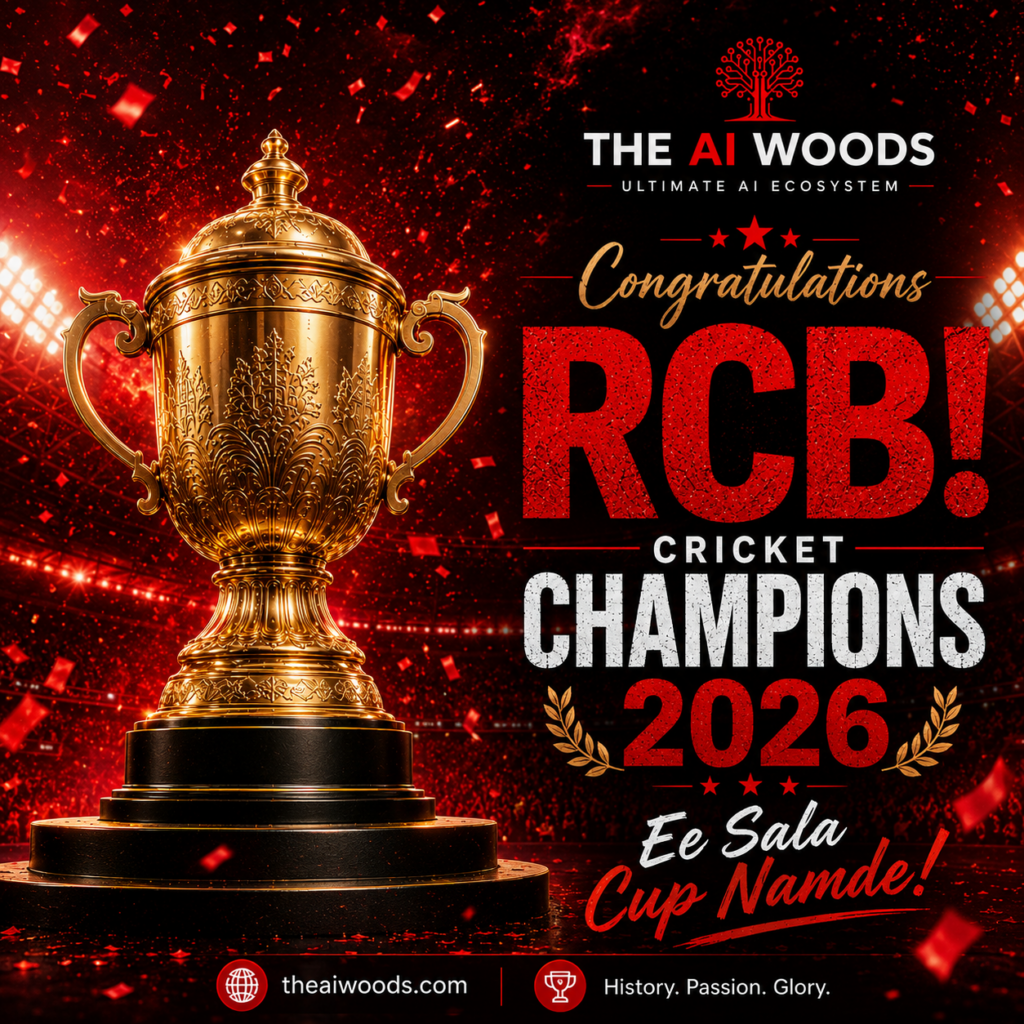 Celebrating RCB for IPL Champions 2026 victory with Ee Sala Cup Namde message and The AI Woods