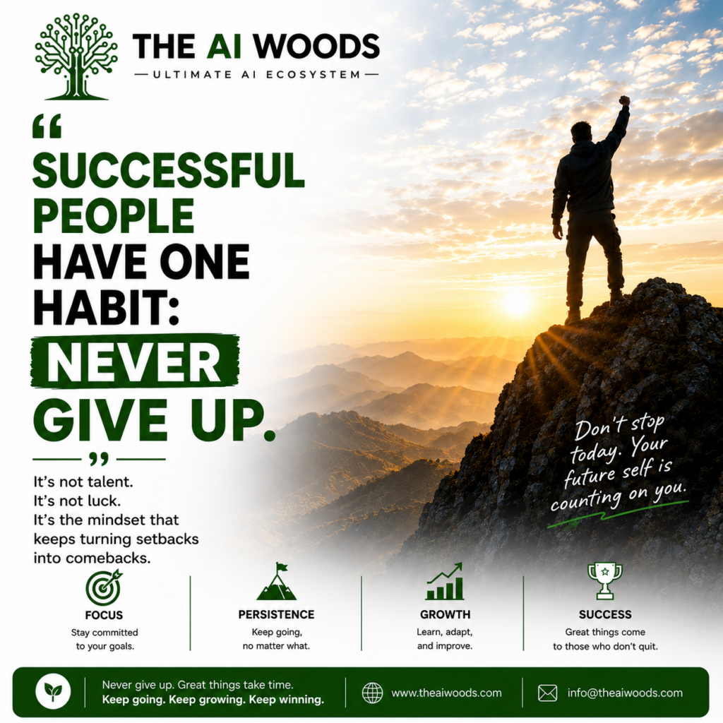 Motivational success quote image with a person standing on a mountain peak at sunrise displaying the message Successful People Have One Habit: Never Give Up by The AI Woods.