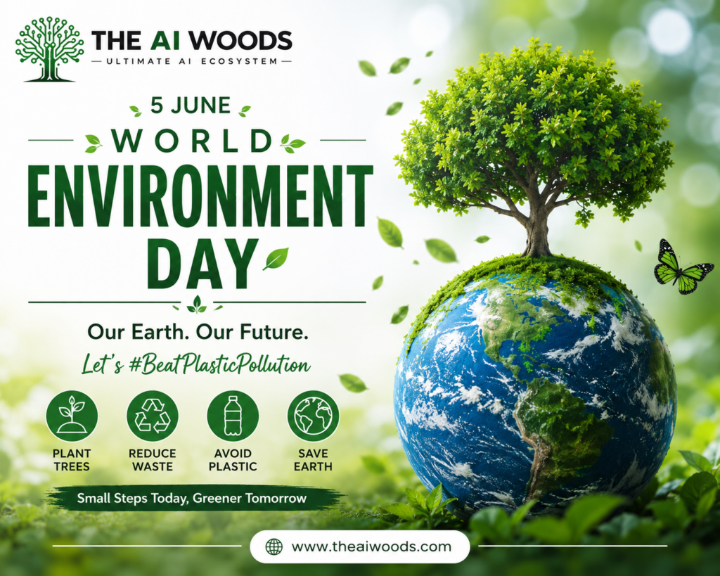 World Environment Day 2026 poster featuring Earth, a green tree, sustainability message, and The AI Woods logo promoting environmental awareness.
