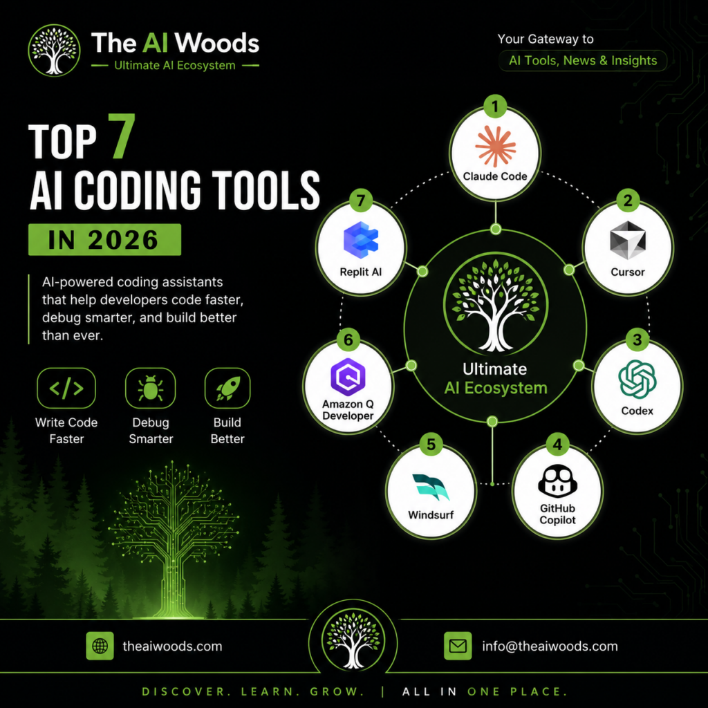 Infographic showcasing the Top 7 AI Coding Tools in 2026 including Claude Code, Cursor, Codex, GitHub Copilot, Windsurf, Amazon Q Developer, and Replit AI.