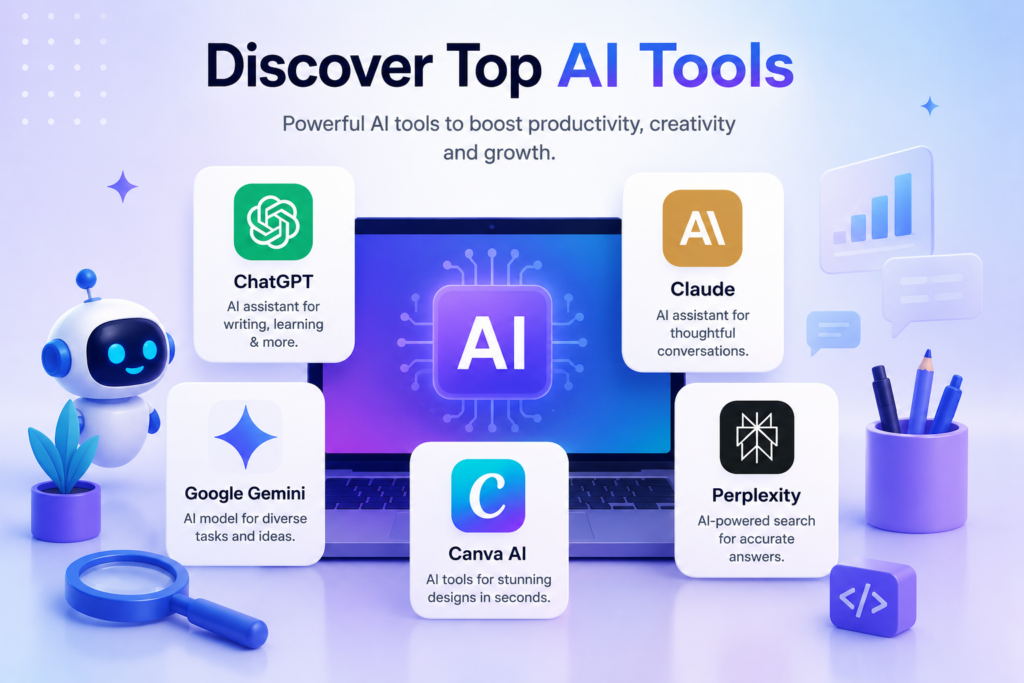 Modern illustration showcasing top AI tools including AI assistants, automation platforms, and productivity solutions for students, creators, and businesses.